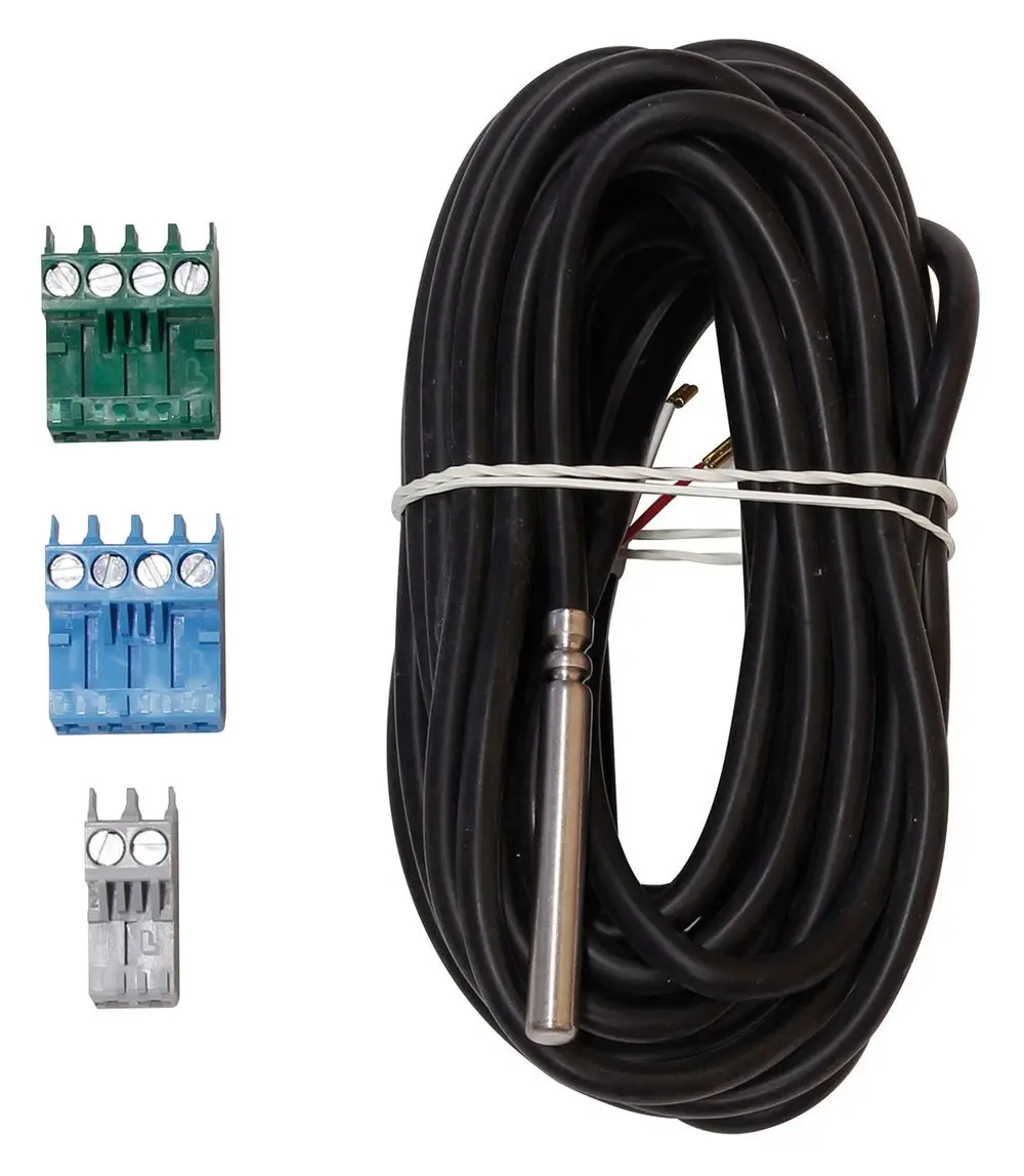 Vaillant Zubehör mit drei farbigen Steckverbindern und einem langen schwarzen Kabel, an dessen Ende ein Metallfühler befestigt ist.